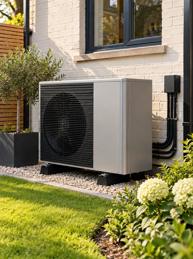 Illustrative image of an outdoor air source heat pump beside a house and garden